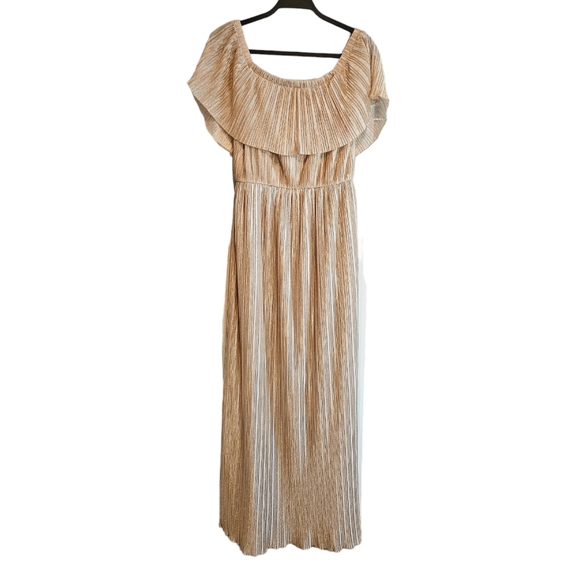 Dress the Population Gold Metallic Athena Pleated Off The Shoulder Maxi Dress - Picture 1 of 8